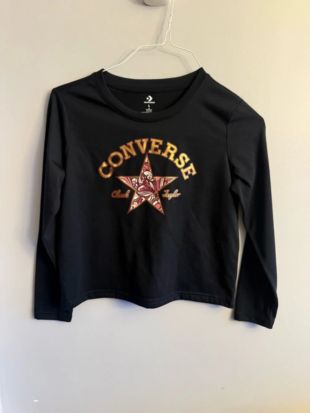 Converse Chuck Taylor Graphic Crop Top Youth L Black Long Sleeve Y2K Streetwear